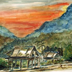 Zonsondergang  in Thailand in de bergen. van Ineke de Rijk