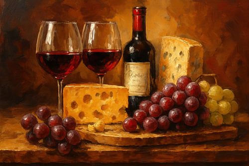 Rode wijn met druiven en kaas