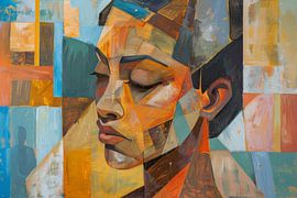 Cubist portrait of a woman in warm earthy tones