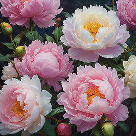 Ein Porträt farbenfroher Pfingstrosen in Rosa und Weiß. von J.a Dijkstra