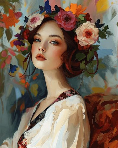 Modern en kleurrijk portret van een jonge vrouw met bloemen in het haar