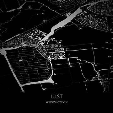 Zwart-witte landkaart van IJlst, Fryslan. van Rezona