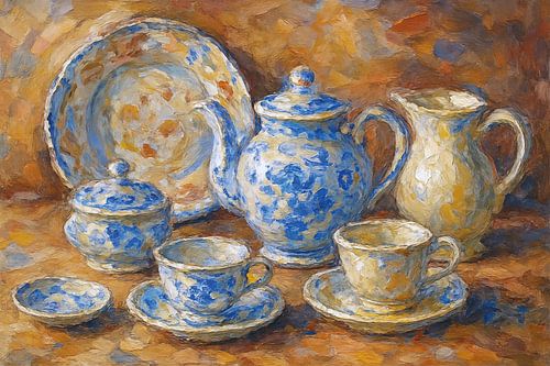 Antiek keramiek servies schilderij