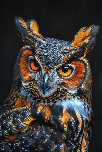 Hyperrealistische Uil met Intense Ogen en Kleurrijke Veren
