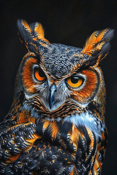 Hyperrealistische Uil met Intense Ogen en Kleurrijke Veren van Art & Soul Creations