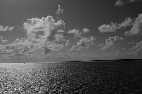 Sonne Meer und Wolken schwarz und weiß.