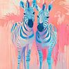 Zebra-'s Schilderij | Twee Zebra's mit farbenfrohem Hintergrund von Blickfänger Gemälde