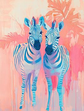 Zebra's Schilderij | Twee Zebra's with Colourful Background by Eye catching paintings