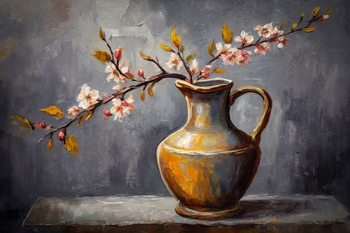Impressionist oil painting of a still life with blossom branch