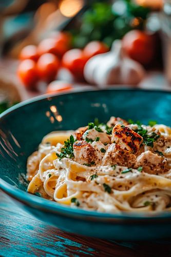 Romige pasta met kip en kruiden