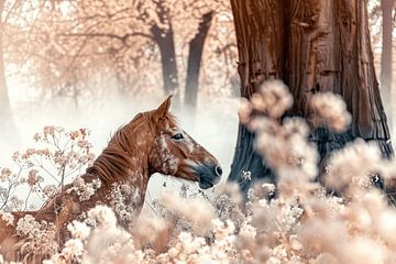 Paard in een dromerig bloemen landschap van Karina Brouwer