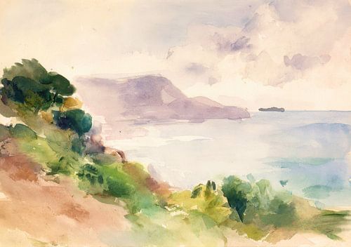 Heuvelachtig kustlandschap in aquarel