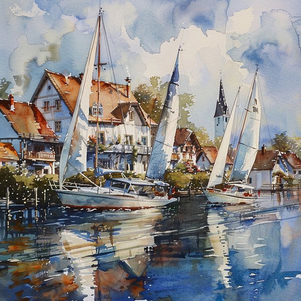 Stadtkulisse See Segelboote Häuser Spiegelungen Wolken von gm_designs