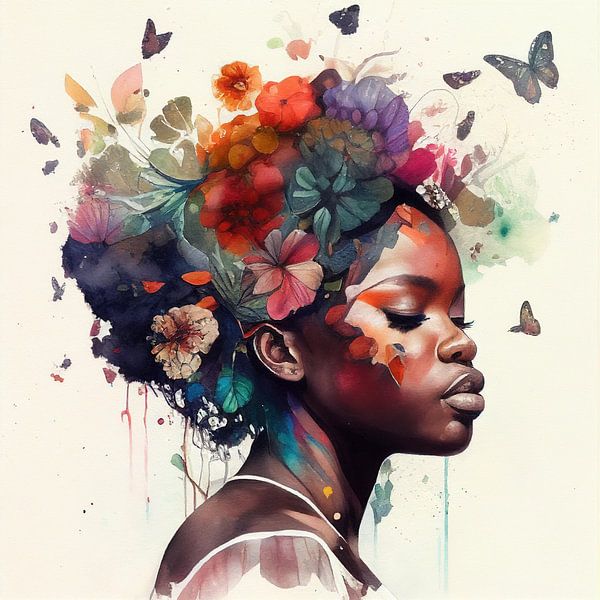 Aquarell Schmetterling Afrikanische Frau #1 von Chromatic Fusion Studio
