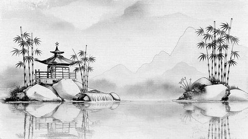 Oriental landscape: Japanese pagoda on a rocky island in black and white