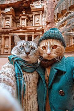 Purring treasure hunters: cat selfie in front of the facade of Petra by Felix Brönnimann