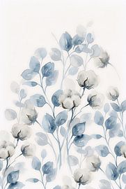 Minimalistischer Kunstdruck in Aquarelltechnik mit Baumwollkapseln und blauem Laub von VICTOR S
