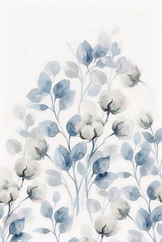 Minimalistischer Kunstdruck in Aquarelltechnik mit Baumwollkapseln und blauem Laub
