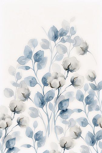 Minimalistischer Kunstdruck in Aquarelltechnik mit Baumwollkapseln und blauem Laub
