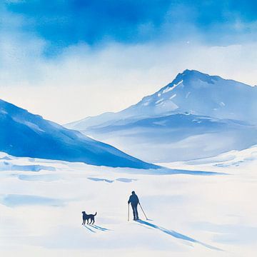 Winterlandschap met hond en ski's van Poster Art Shop