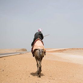 Ägyptischer Mann in traditioneller Kleidung auf einem Kamel in der Wüste bei Gizeh. von Marjolein Hameleers