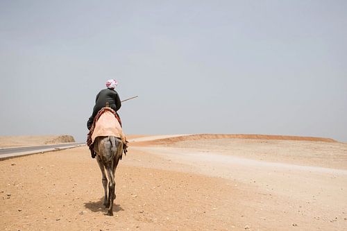 Egyptische man in traditionele kleding op kameel in de woestijn bij Gizeh.