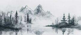 Berglandschaft im Nebel – Asiatische Ruhe von Poster Art Shop