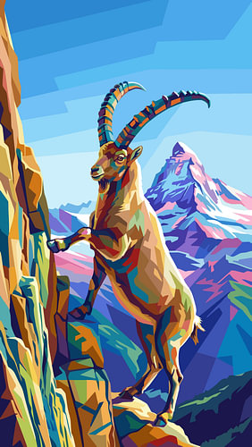 Affiche métallique « Randonnée avec une chèvre en montagne » – Illustration pop art WPAP