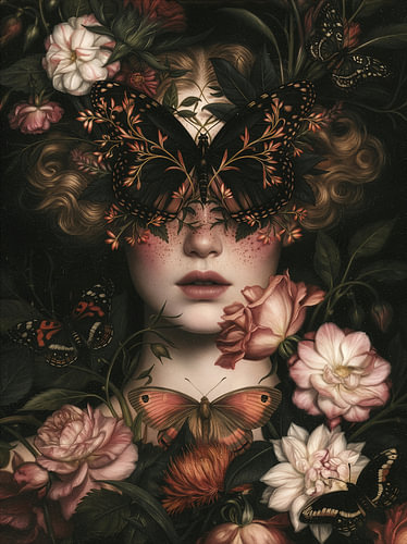 Frau mit Schmetterlingen und Blumen im stimmungsvollen Barockstil