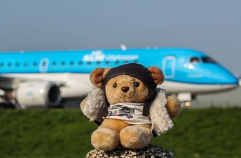Pilotenbär mit Reiseflugzeug auf dem Flughafen Schiphol