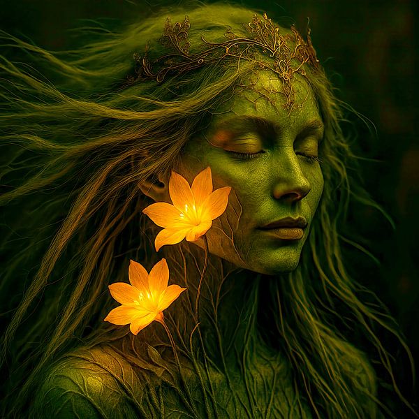 Gesichter des Lichts: Hüterin im Glanz der Wurzelblüte von Klaus Tesching - Art-AI