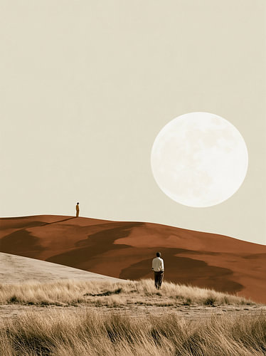 Twee reizigers onder de maan in de woestijn, digitale collage