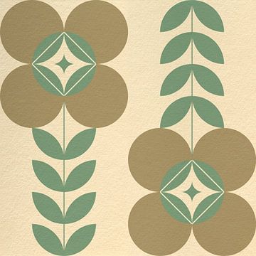 Retro Scandinavisch design geïnspireerd bloemen en bladeren in beige, bruin, groen van Dina Dankers