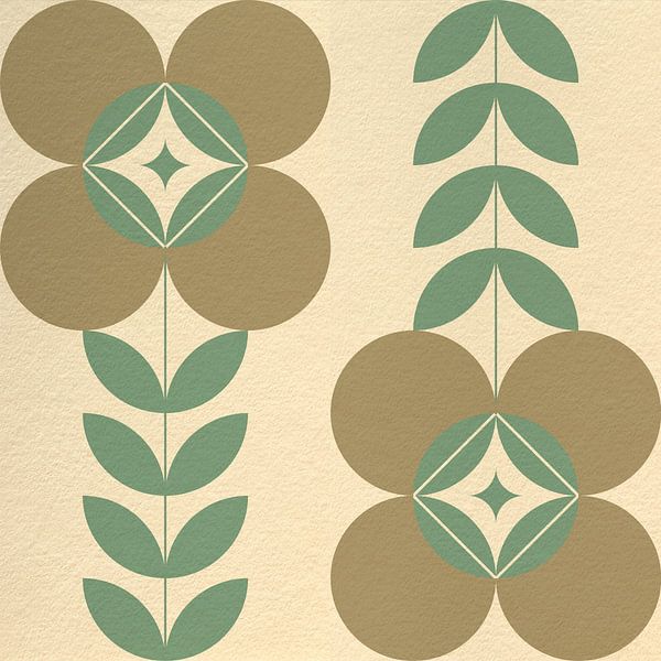 Retro Scandinavisch design geïnspireerd bloemen en bladeren in beige, bruin, groen van Dina Dankers