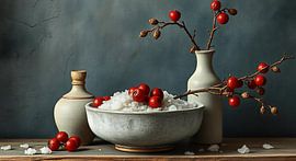 Une nature morte classique de poterie remplie de sel et de baies rouges. sur J.a Dijkstra