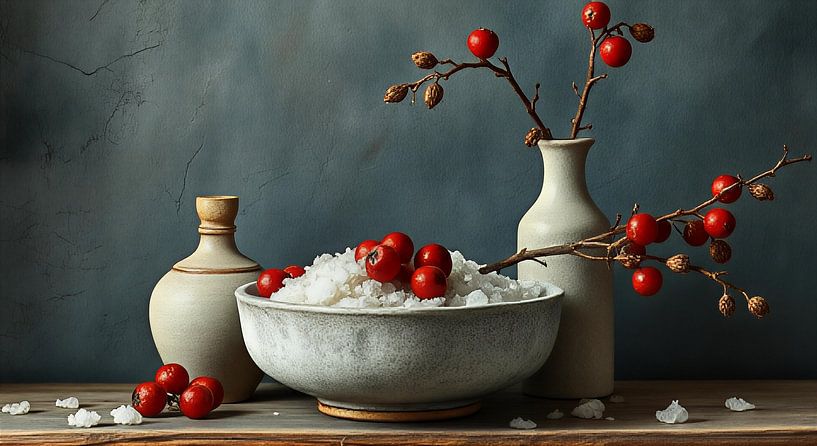 A classic still life of pottery filled with salt and red berries. by J.a Dijkstra