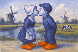 Kuss in Delfter Blau Gemälde. von Johannes