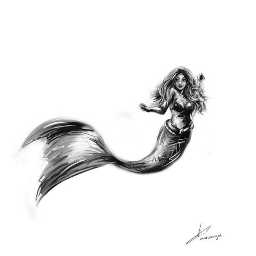 Olieverf schilderij van een zeemeermin. Kunstwerk in zwart wit en grijs tinten.