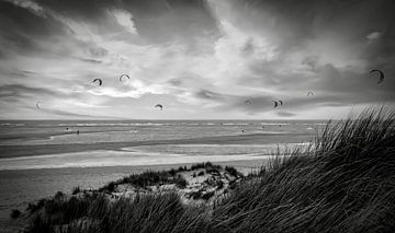 Kitesurfers Maasvlakte strand zwart-wit