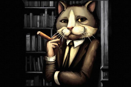 Un chat confiant en costume fume un cigare dans une bibliothèque