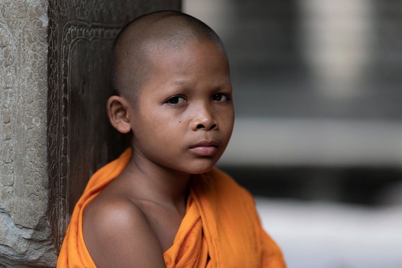 Nahaufnahme-Porträt eines jungen buddhistischen Mönchs von Rick Van der Poorten