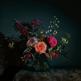 Still life with flowers as a bouquet in a glass vase, modern photography by Roger VDB