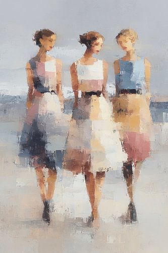 Abstract schilderij drie elegante vrouwen – zomerse kunst in pastelkleuren