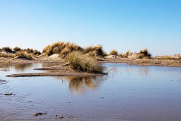Strand, zand, duinen, blauwe lucht, poeltje van Fotos by Angelique