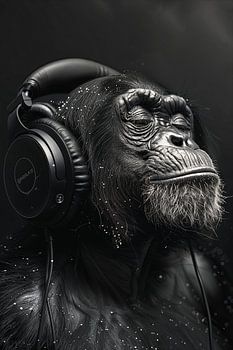 Black and white monkey portrait with headphones in close-up