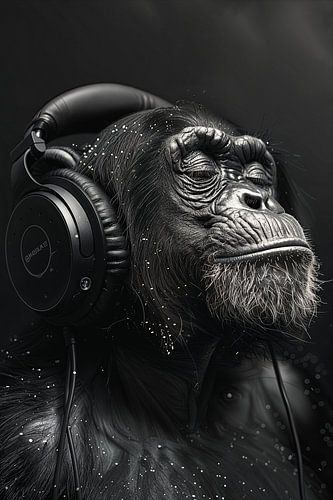 Black and white monkey portrait with headphones in close-up by Poster Art Shop