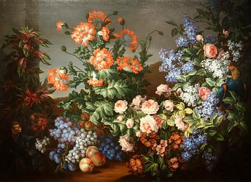 Stilleven met bloemen, vruchten, een papegaai en een aap, van Jean-Baptiste Monnoyer en Antoine Monn