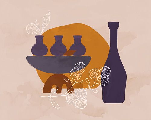 Stilleben mit einer Flasche und drei Vasen