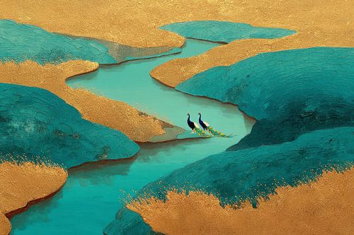 Pauwen langs een gouden rivier