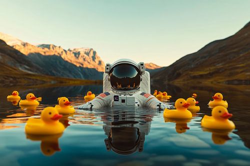Astronaut in de vijver met eendenspeeltje